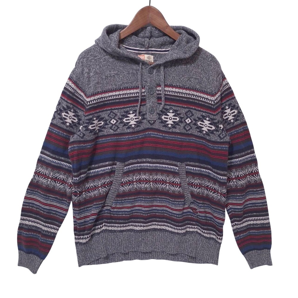 Ruff Hewn Fair Isle Knit Hoodie Men's Size L Knit Pullover Nordic Button-up Gray